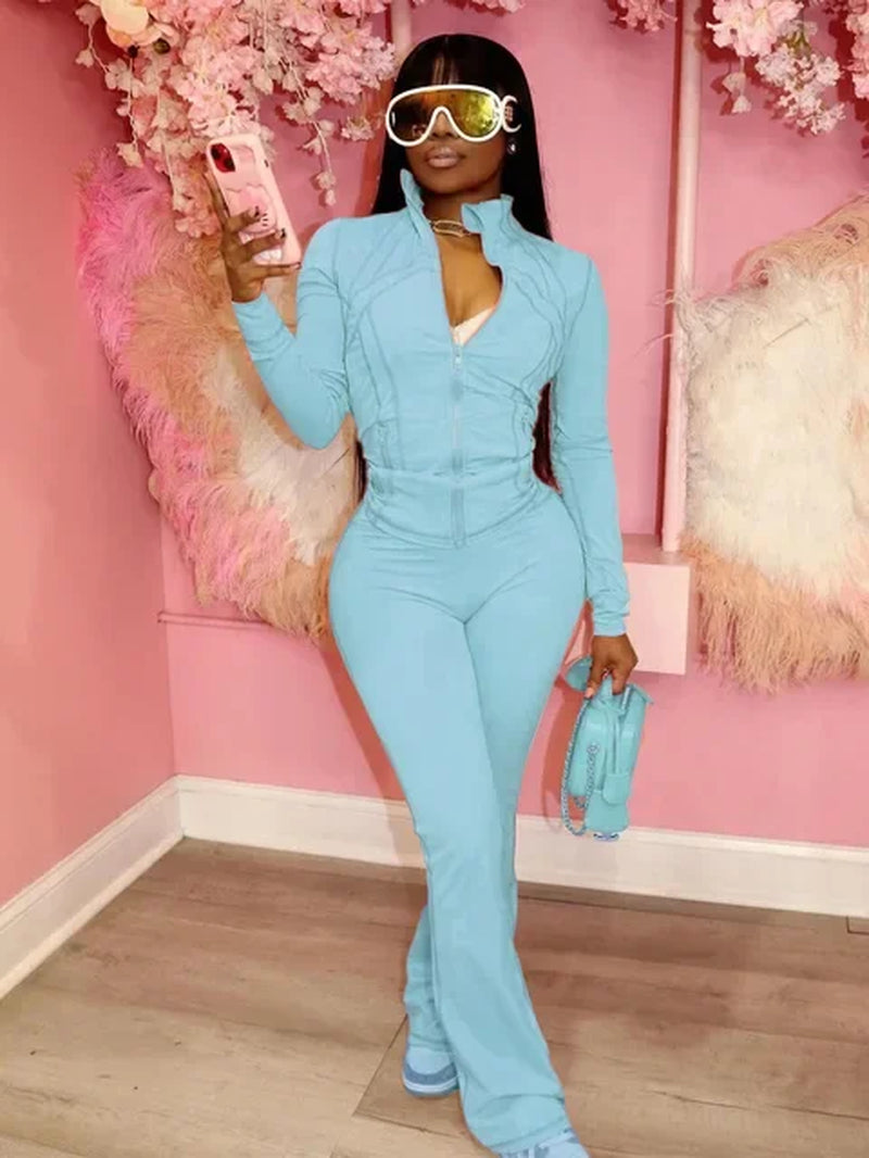 Zip-Front Flared Trouser Set