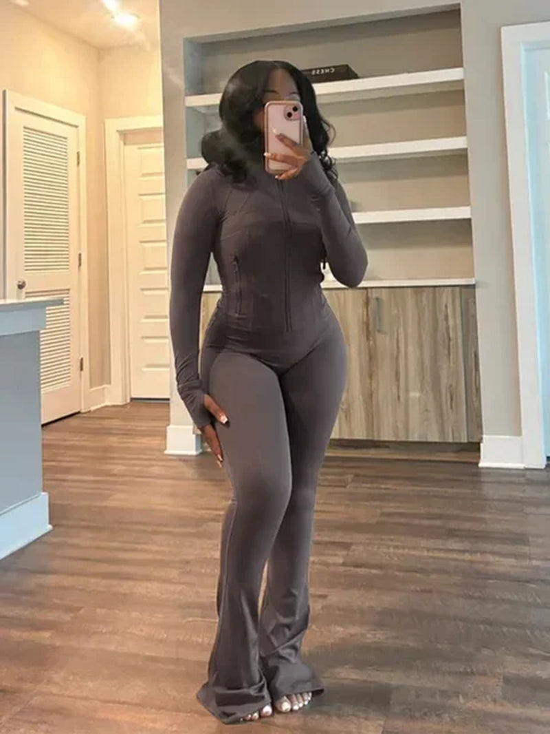 Zip-Front Flared Trouser Set