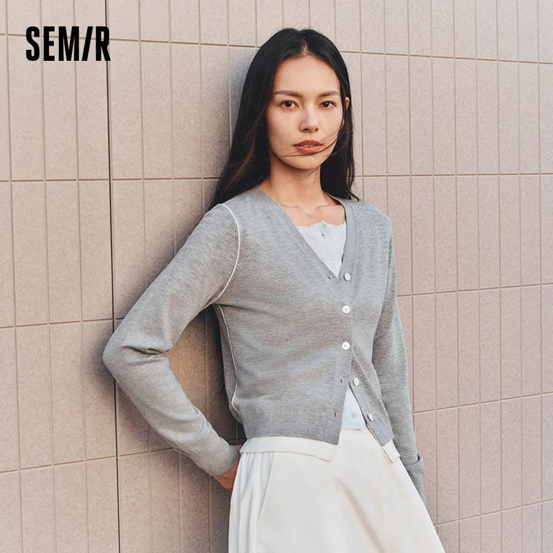Contrast-Trim V-Neck Cardigan