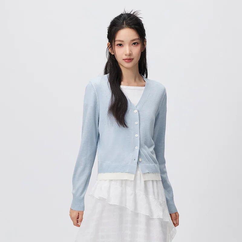 Contrast-Trim V-Neck Cardigan