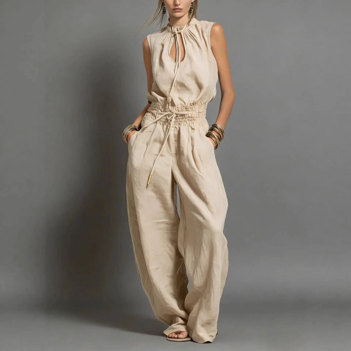 Tie-Neck Wide-Leg Jumpsuit
