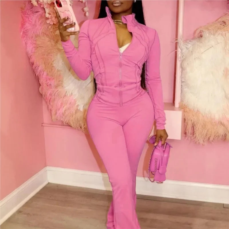 Zip-Front Flared Trouser Set