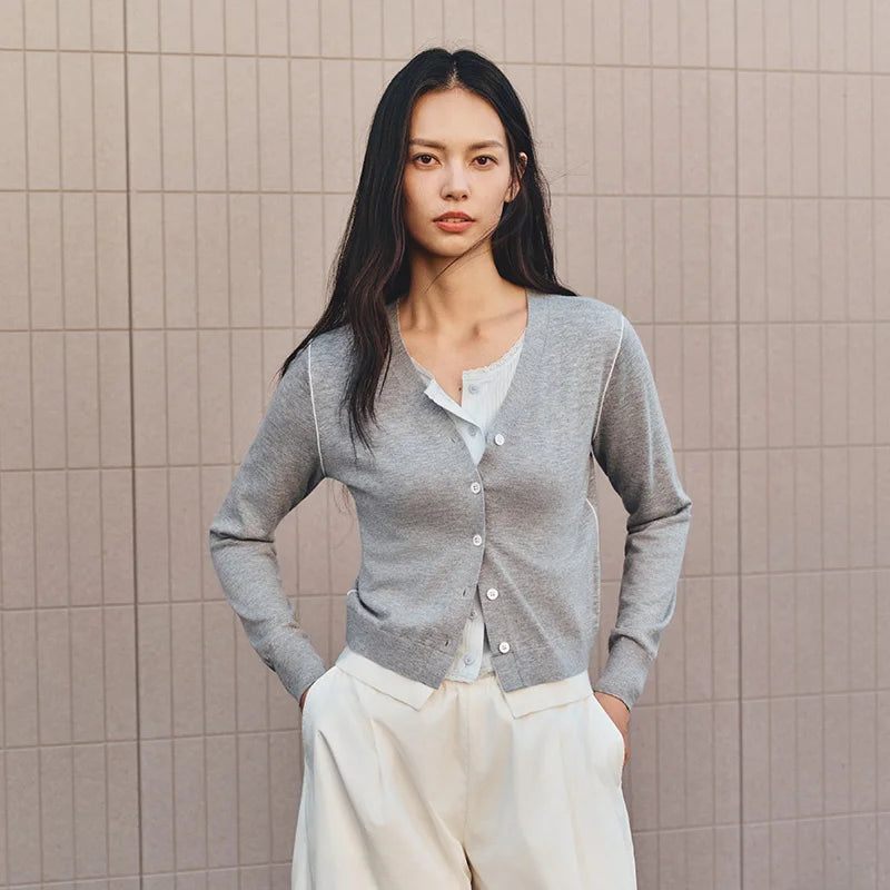 Contrast-Trim V-Neck Cardigan