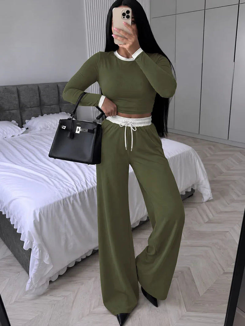 Contrast-Trim Crew-Neck Trouser Set