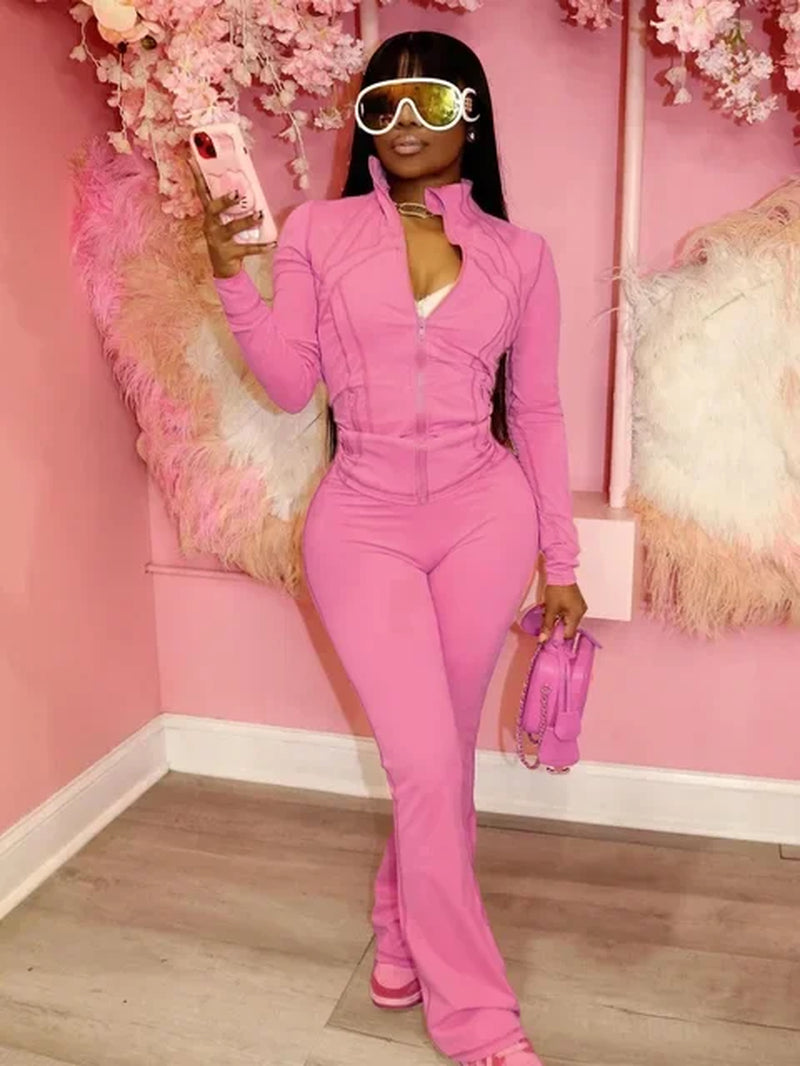 Zip-Front Flared Trouser Set