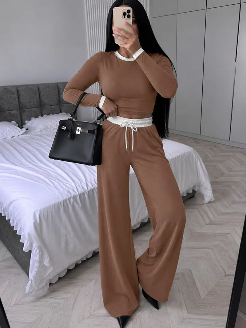 Contrast-Trim Crew-Neck Trouser Set