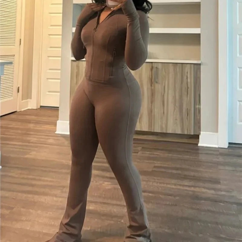 Zip-Front Flared Trouser Set