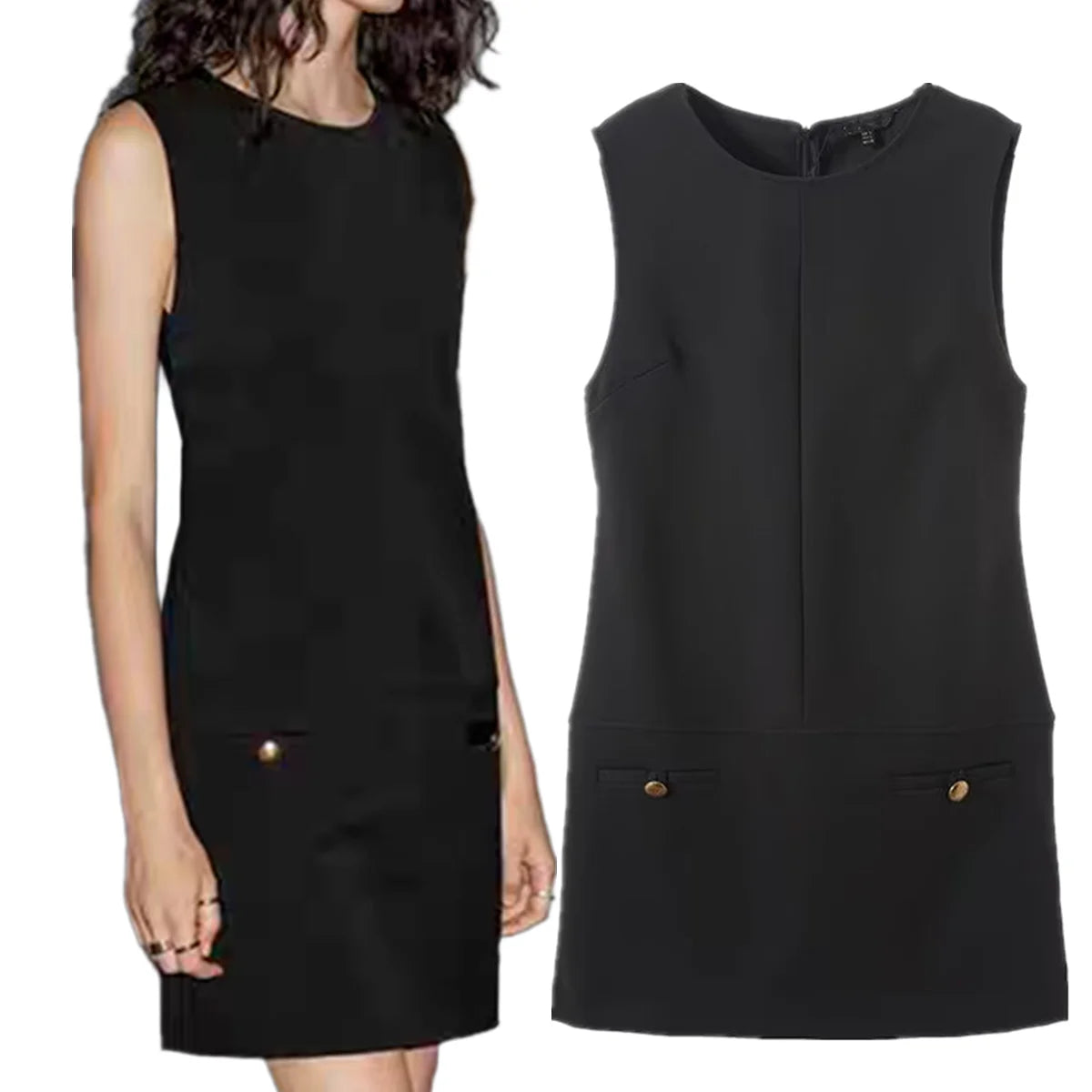 Button-Detail Sleeveless Mini Dress