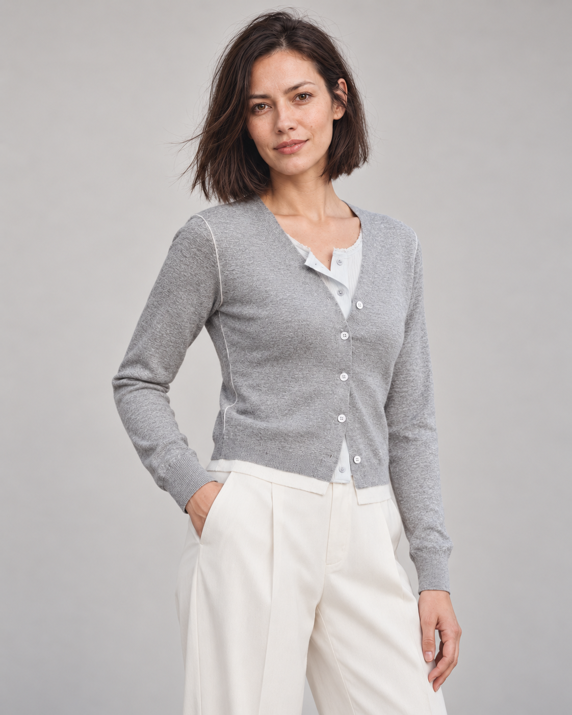 Contrast-Trim V-Neck Cardigan