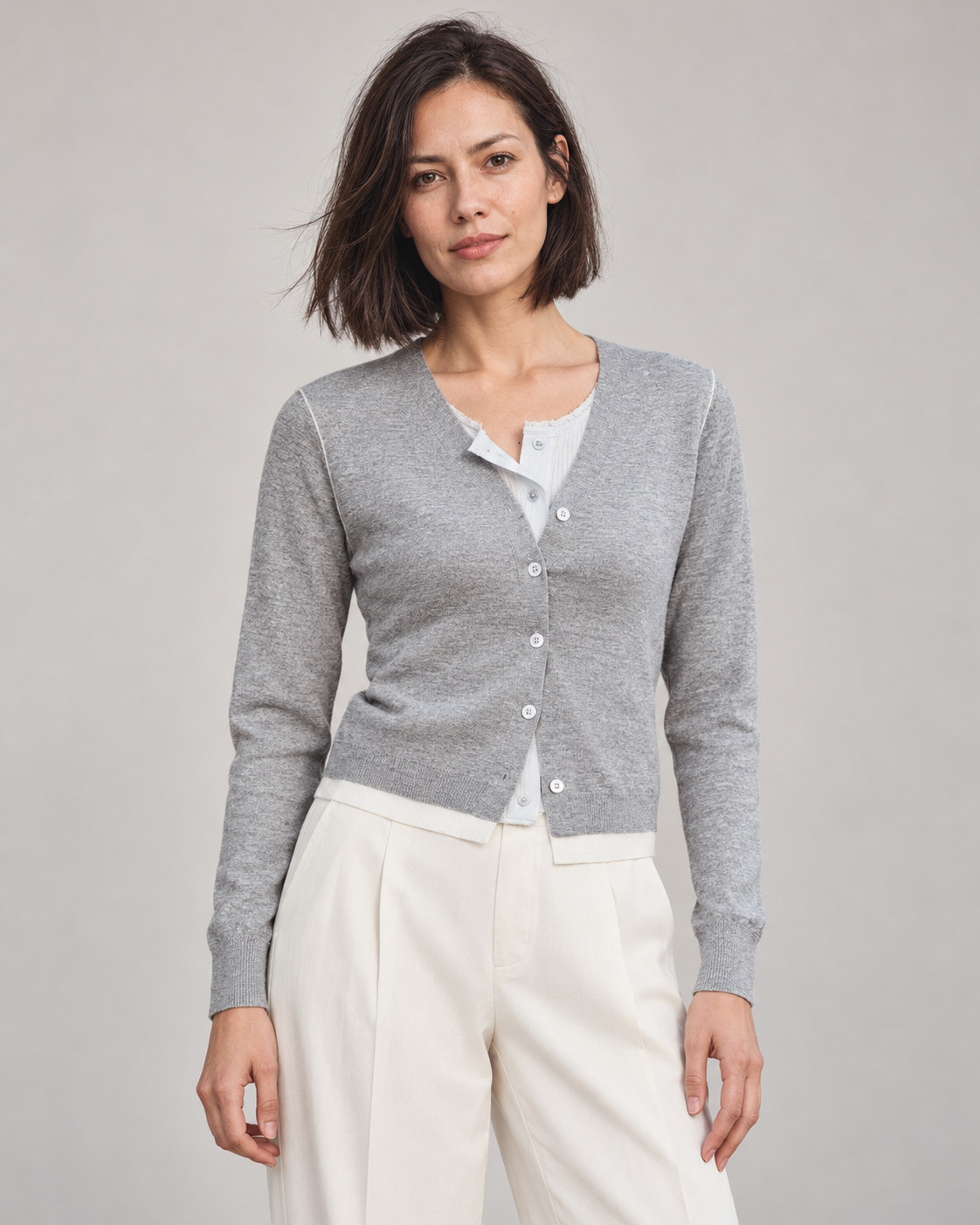 Contrast-Trim V-Neck Cardigan