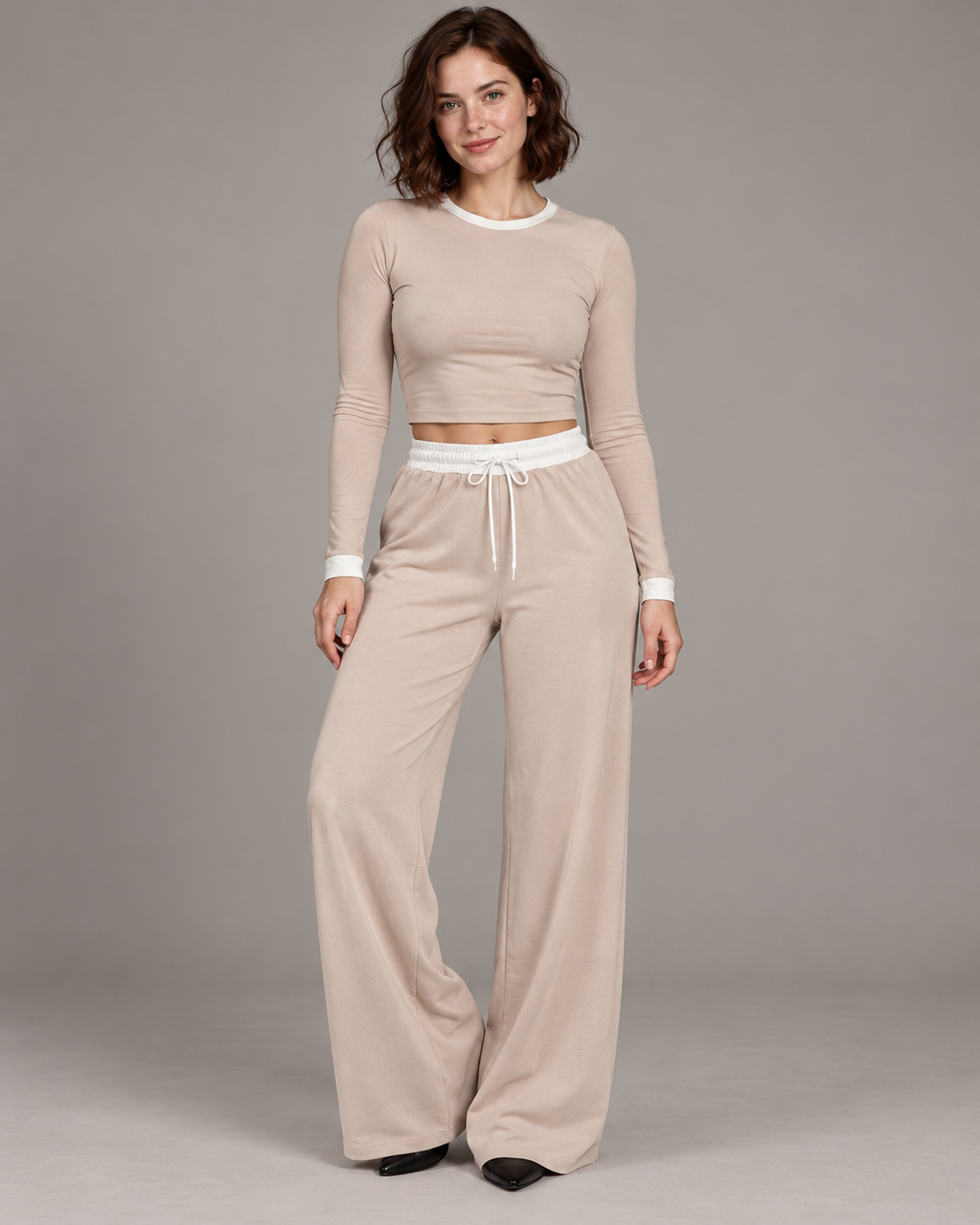 Contrast-Trim Crew-Neck Trouser Set