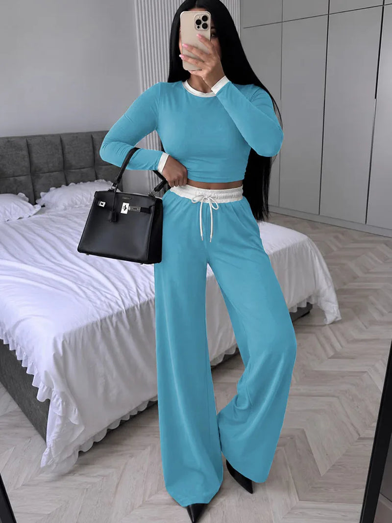 Contrast-Trim Crew-Neck Trouser Set