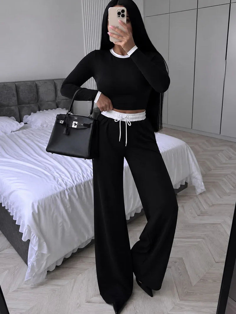 Contrast-Trim Crew-Neck Trouser Set