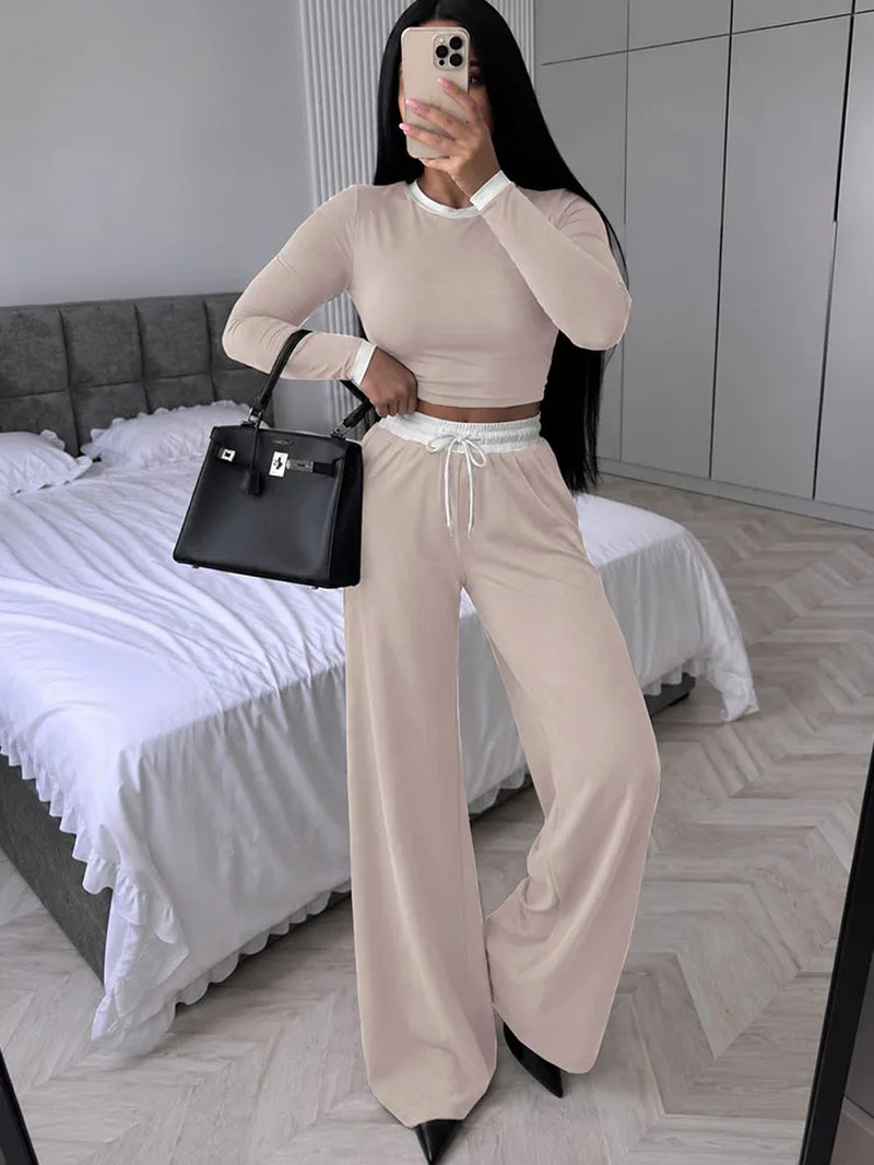 Contrast-Trim Crew-Neck Trouser Set