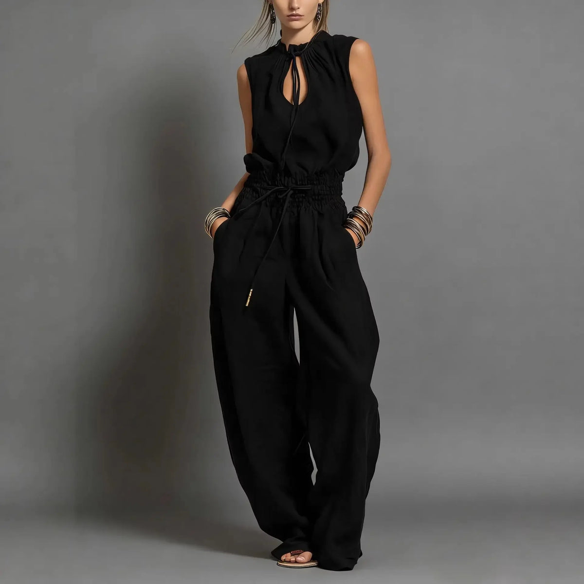 Tie-Neck Wide-Leg Jumpsuit