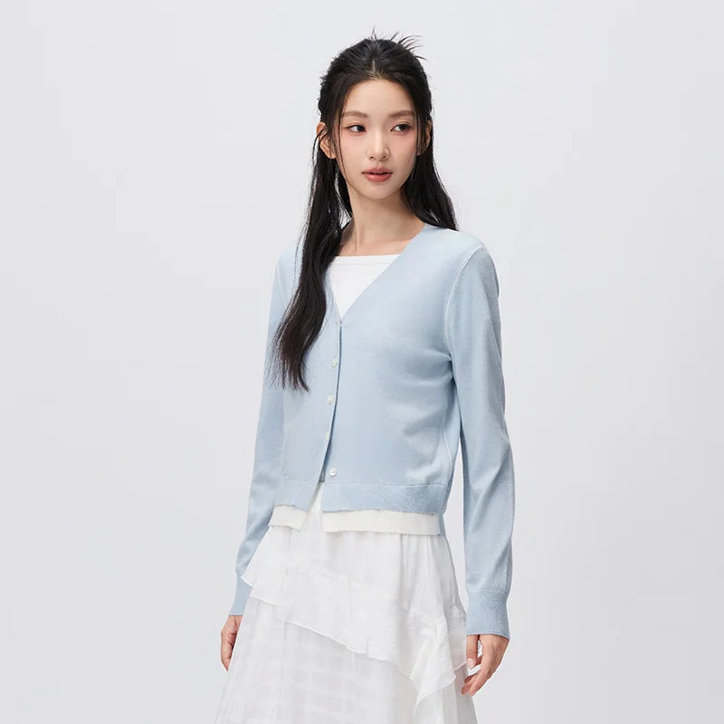 Contrast-Trim V-Neck Cardigan