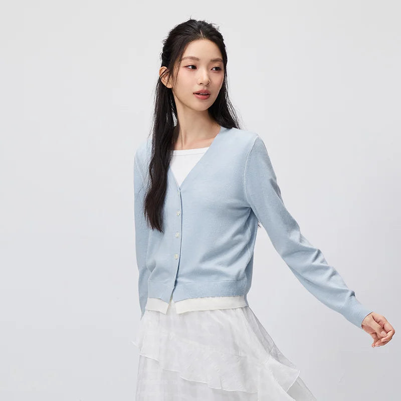 Contrast-Trim V-Neck Cardigan