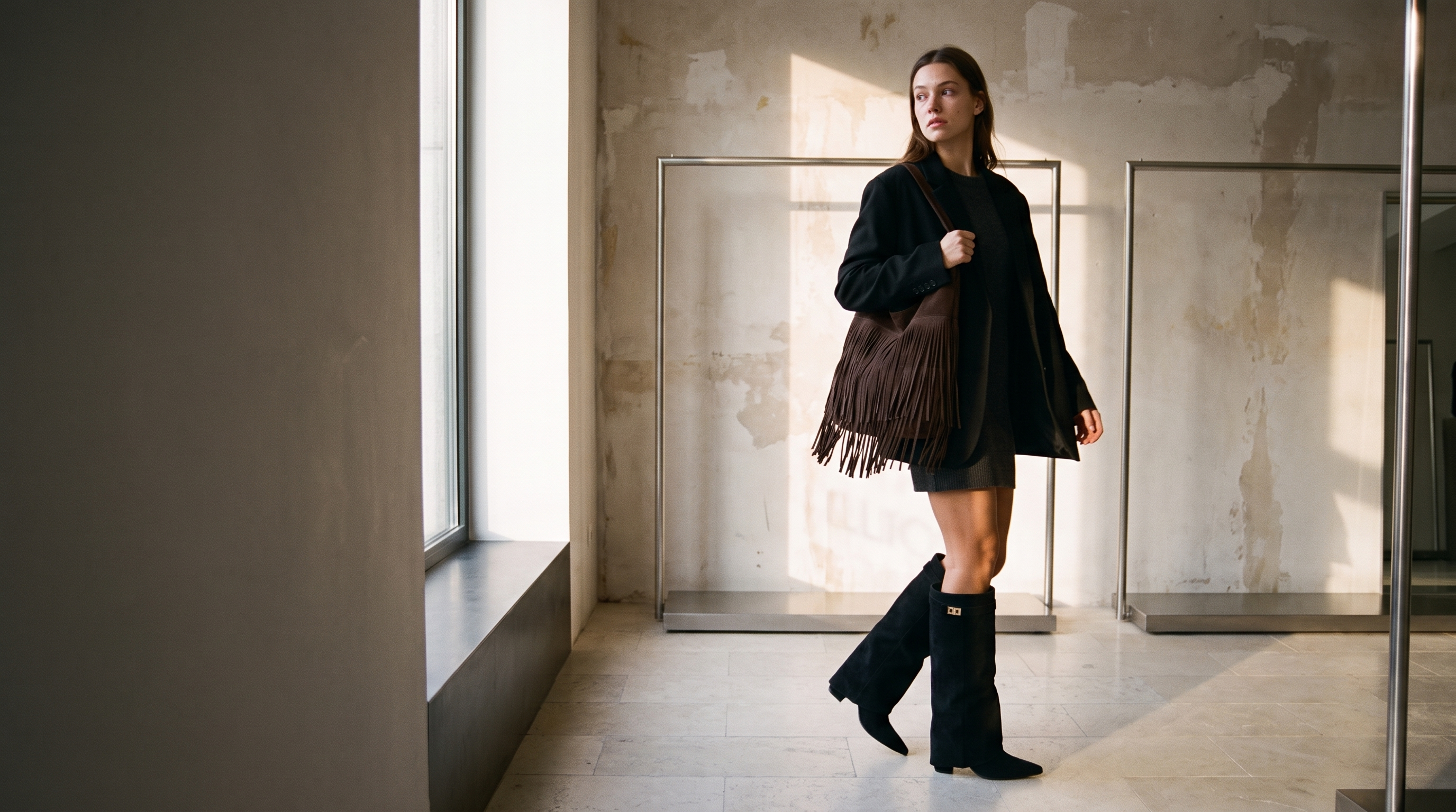 CHRM Studio black suede boots and fringe bag campaign
